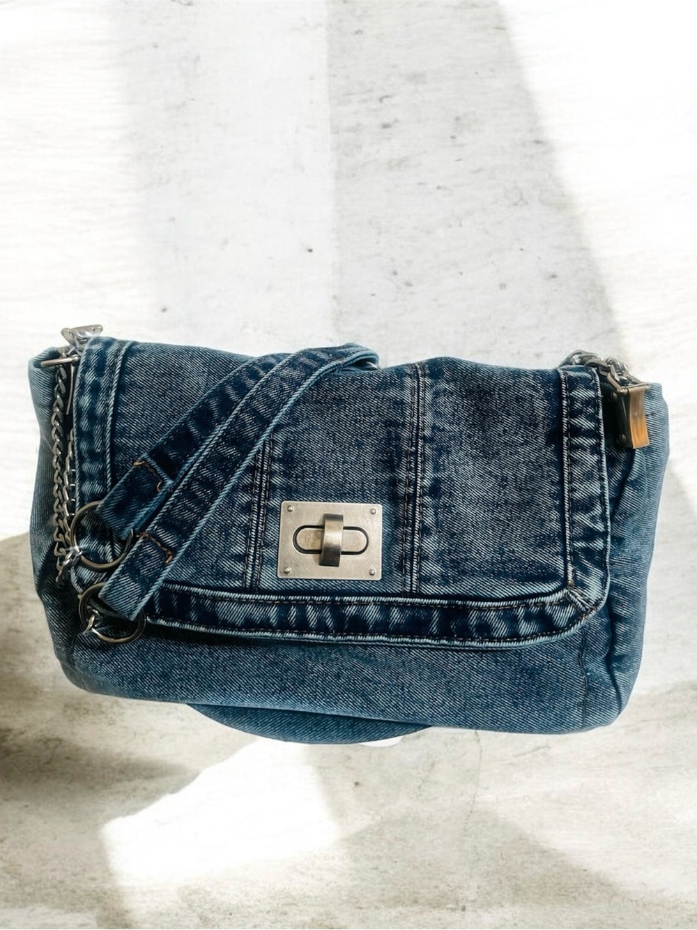 Denim Shoulder Bag with Chain Strap - Blue - Picture 3 of 6